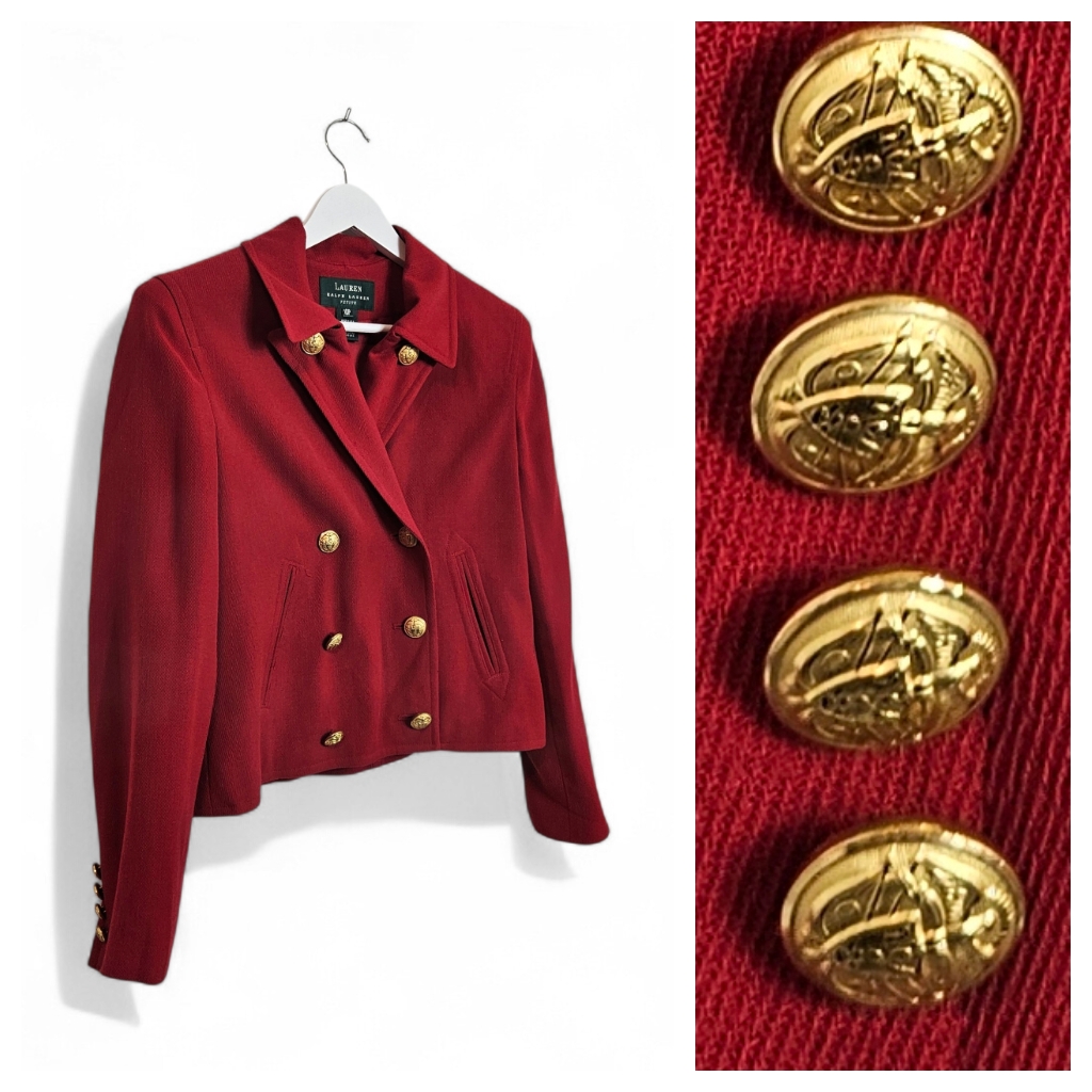 Vintage Lauren Ralph Lauren Red Wool Crest Button Nautical Blazer 10p Usa